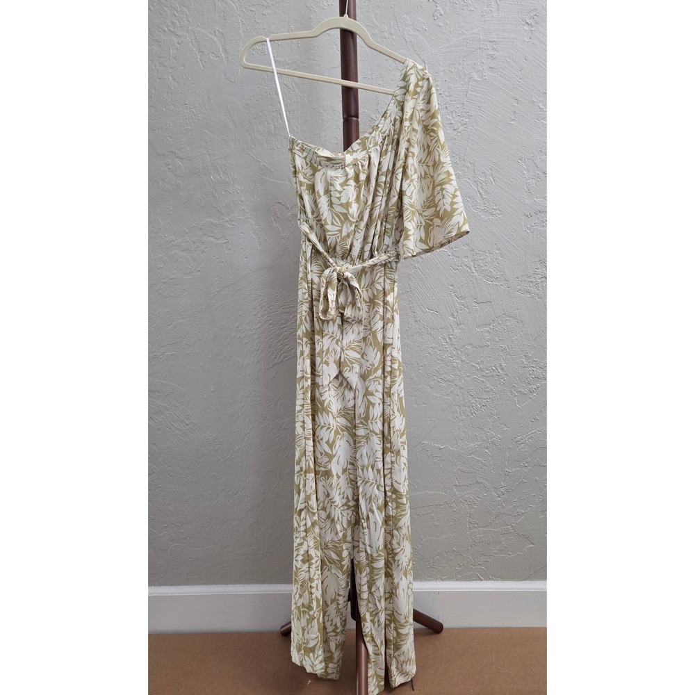 J205. One-Shoulder Tropical Floral Print Wide-Leg Jumpsuit‎ with Waist Tie Belt - Picture 2 of 4